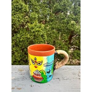 Hand Painted Terracotta Mug Kolkata Folk Art Durga Howrah Bridge Tram Bengali